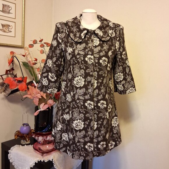 NEW Women’s Elegant Pea Coat Brown White Floral Lined Trench Coat ¾ Sleeve 16 XL - Picture 4 of 9